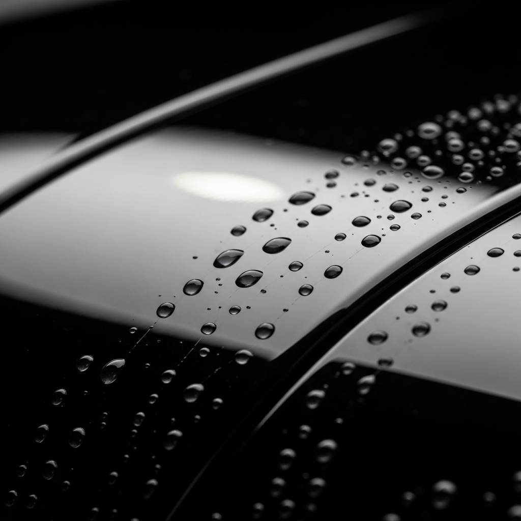 Hydrophobic water beading on ceramic coated car panel