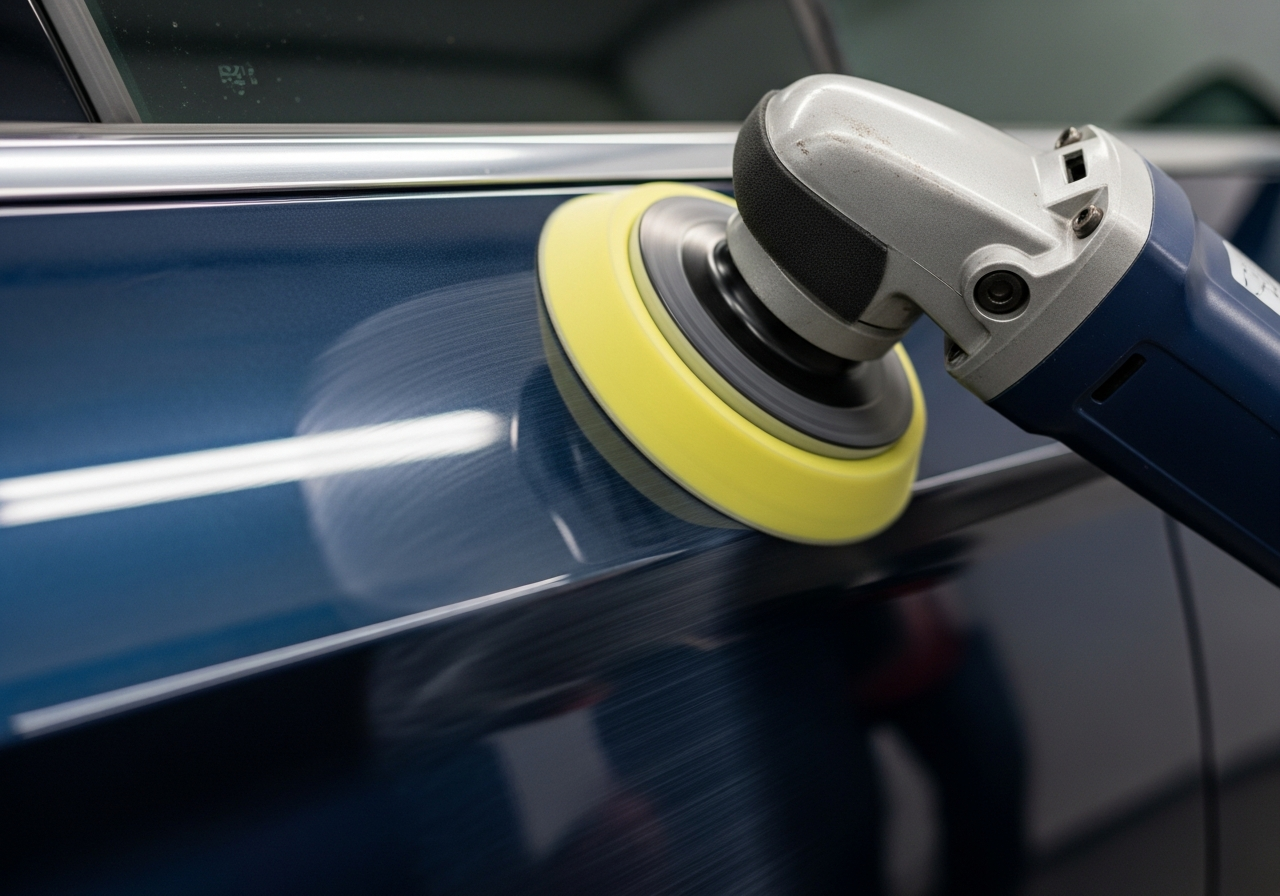 Detailer polishing a dark car panel with a dual-action polisher