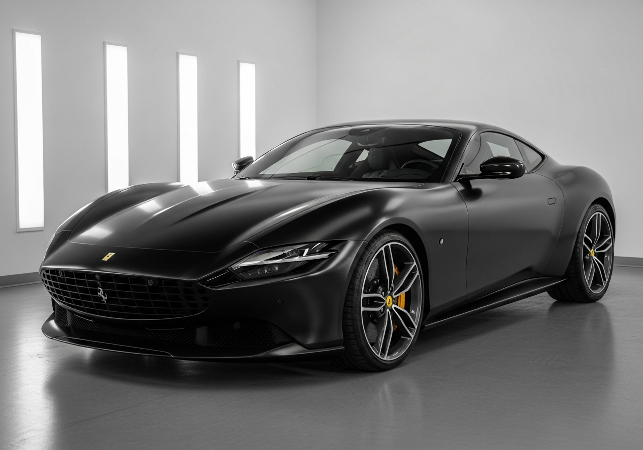 Matte black vinyl color-change wrap on sports coupe — Autospa Detailz Mineola NY