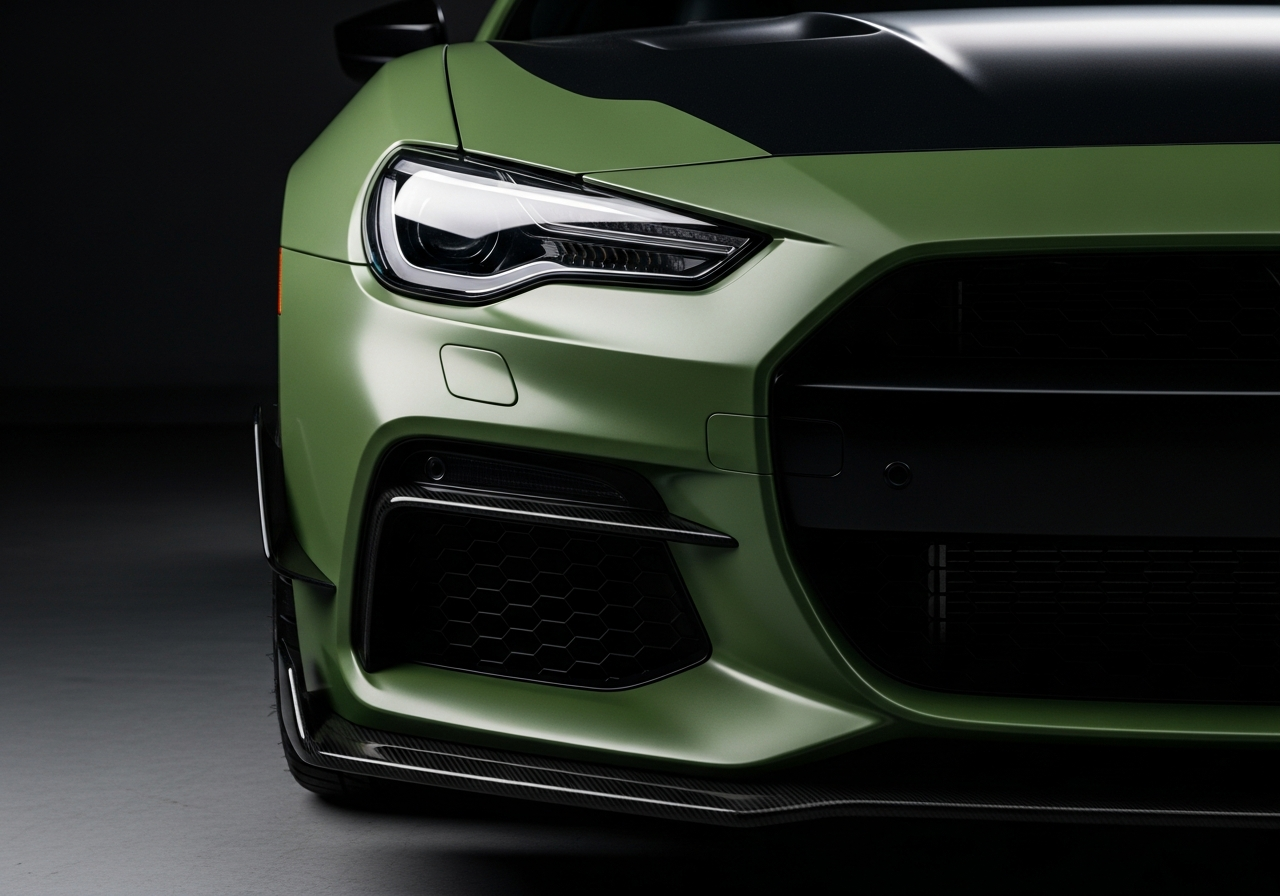 Matte olive green vinyl wrap on sports car front fascia — Autospa Detailz
