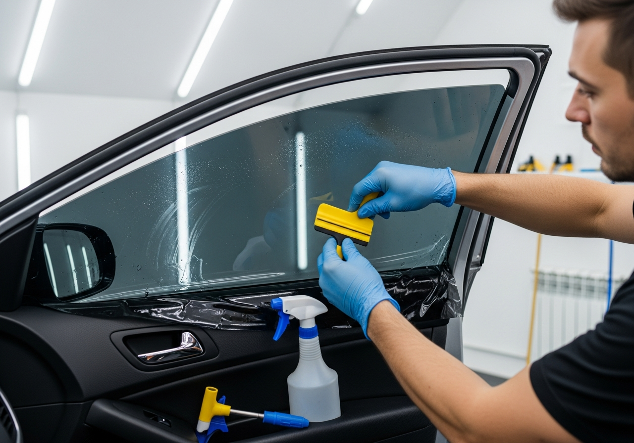 Window tint film being applied with squeegee tool by professional technician